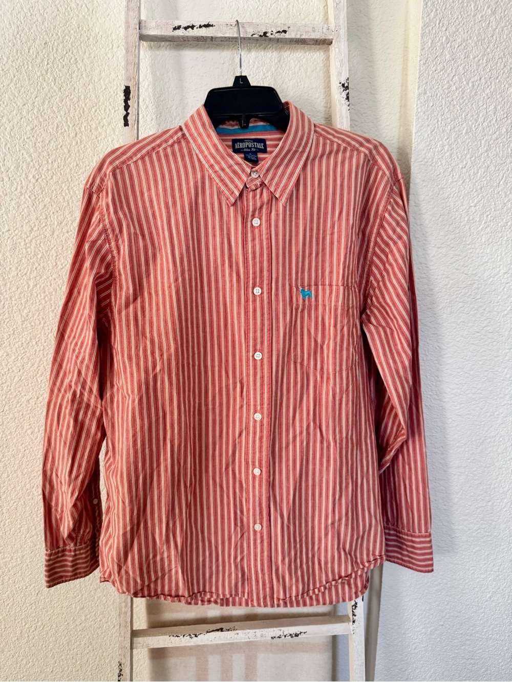 Aeropostale Men's Size Large Striped Button-Down Orange Cotton Long Sleeve Shirt